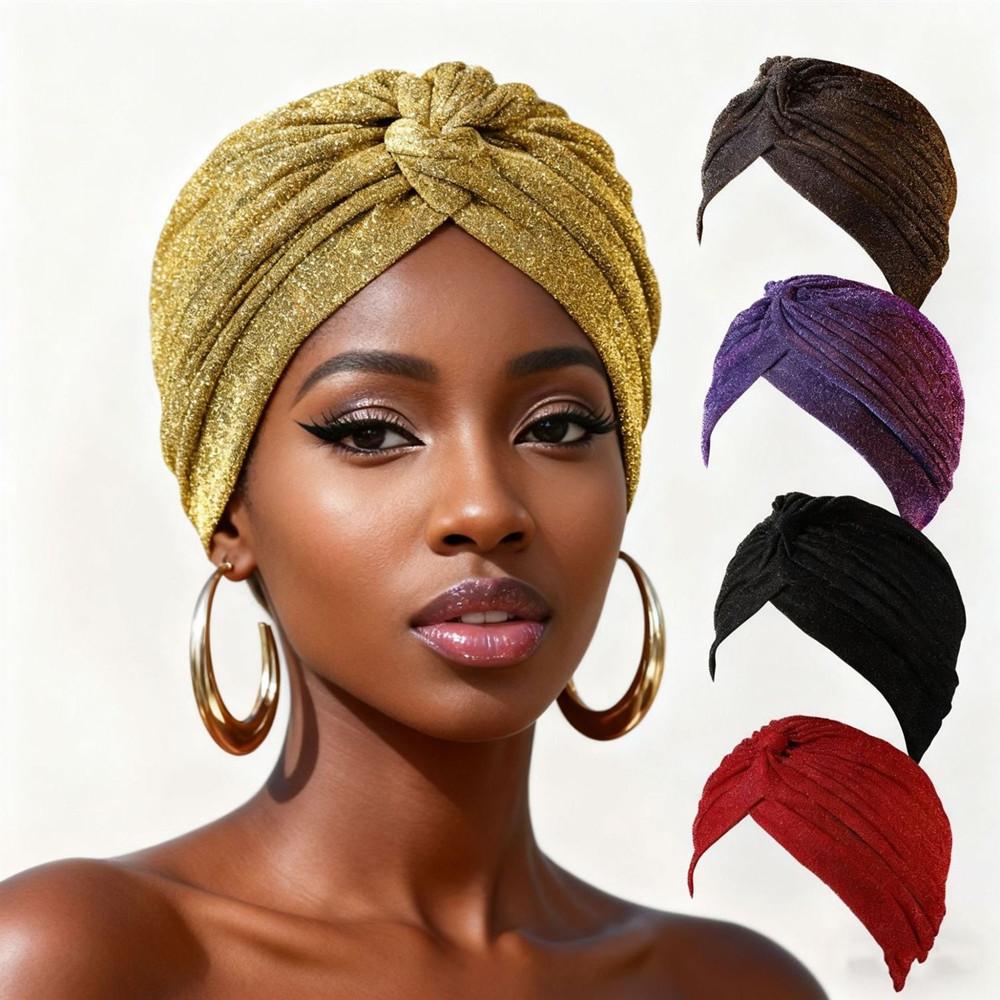 Women Shiny Silver Gold Knotted Turban Hat Muslim Indian Hijab Turban Female Muslim Hat Double Layer Headwrap Hair Accessories