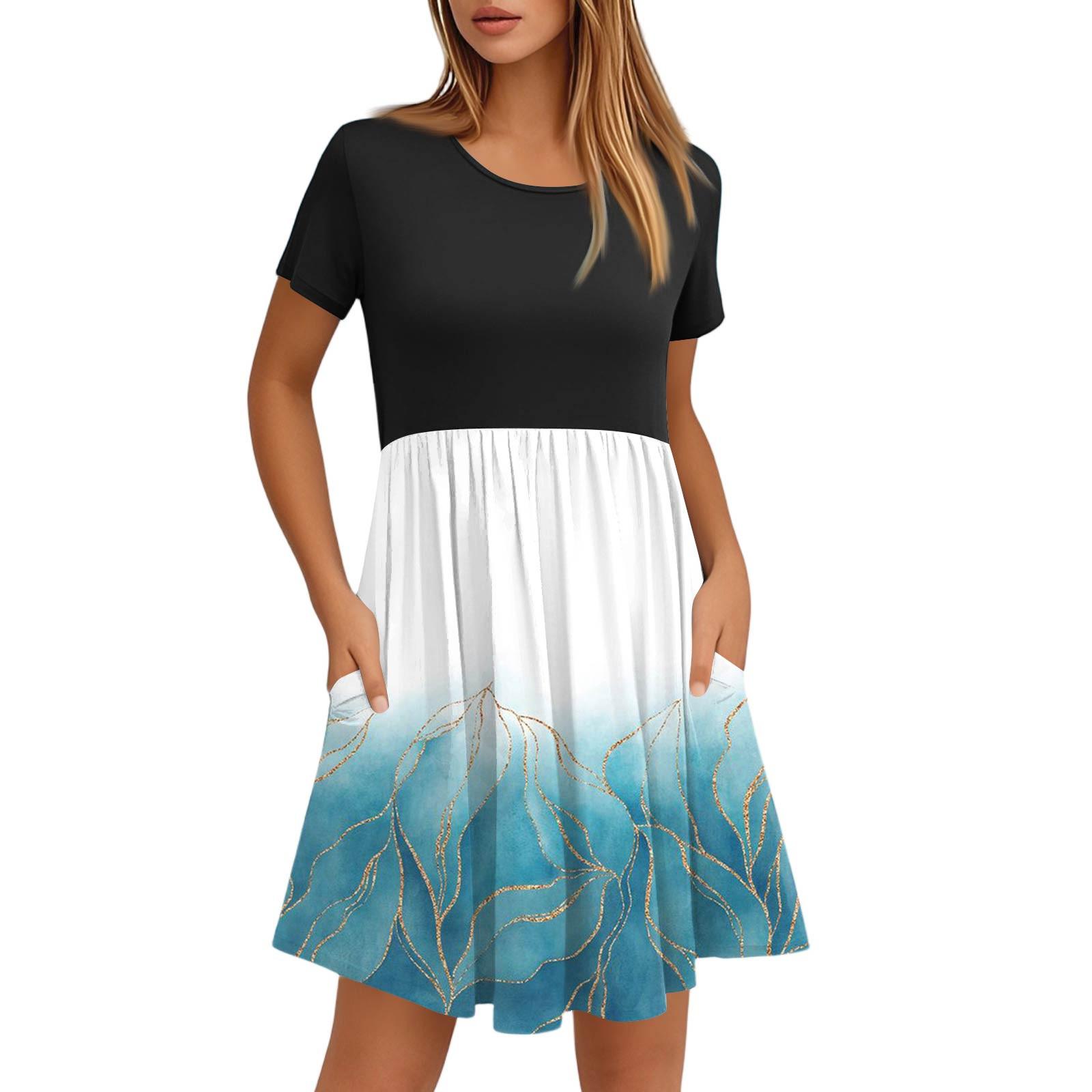 

Женские модные повседневные свободные платья с круглым вырезом и коротким рукавом с принтом и карманами XL небесно-голубой