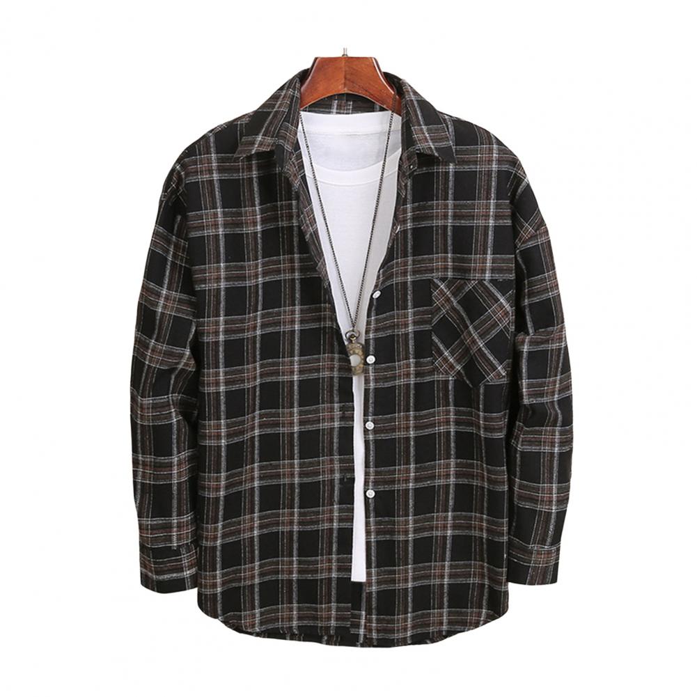 Herre Vår Høst Skjorte Nedslått Krage Enkeltspent Rutete Trykk Langermet Løs Passform Japansk Stil Cardigan Formell Business