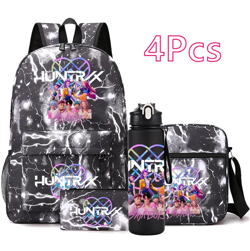 4-teiliges/Set Anime Niedlich K-Pop Bedruckter Rucksack mit 750 ml Wasserflasche für Teenager Schüler Mädchen Junge Schultasche Kindergeschenk Große Kapazität Reisetasche Mochila