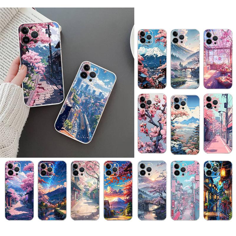 Japanese Landscape Cherry Flower Phone Case For iPhone 17 Pro Max 17 Air 16 15 14 13 Pro Max 15 16 Pro 15Plus