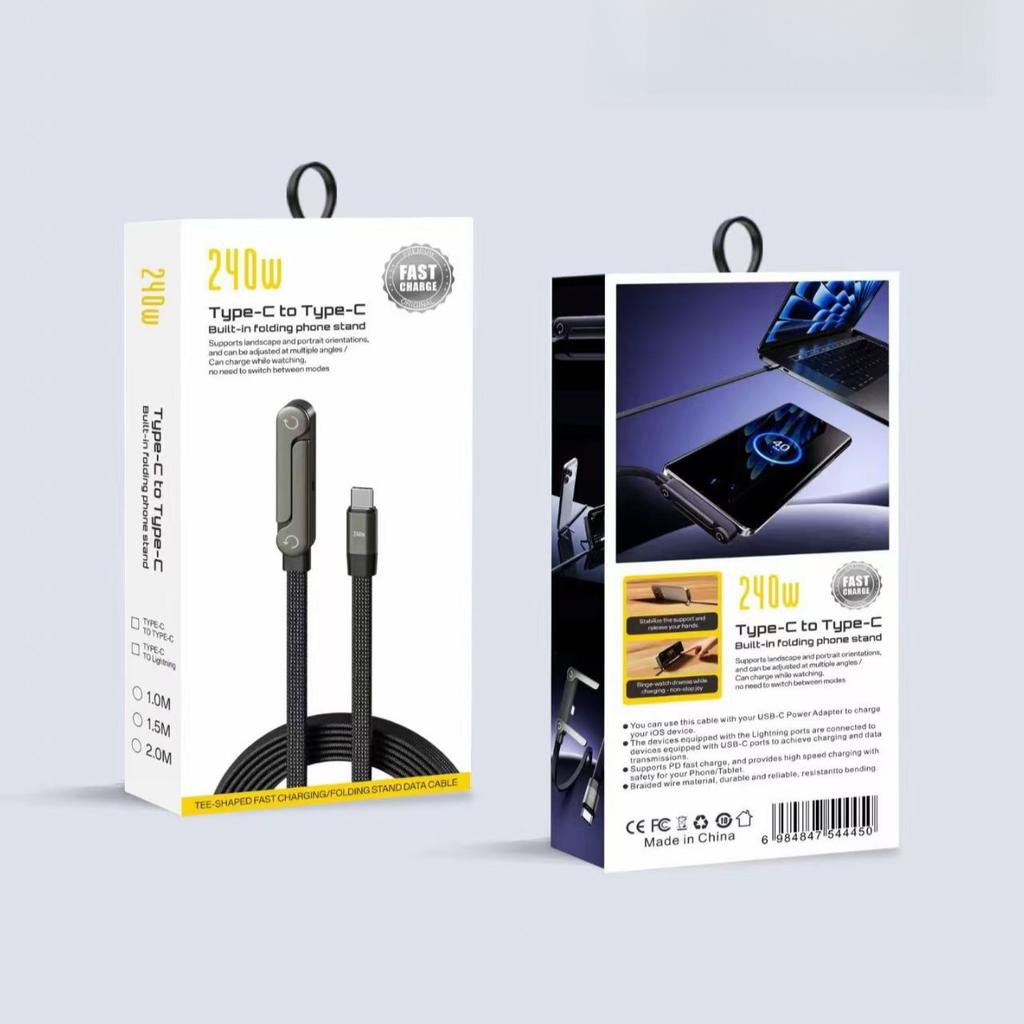 240W Fast Charging Phone Holder Data Fast Charging Cable Phone Tablet Built In Foldable KickStand Holder 2-in-1 Type-C To C