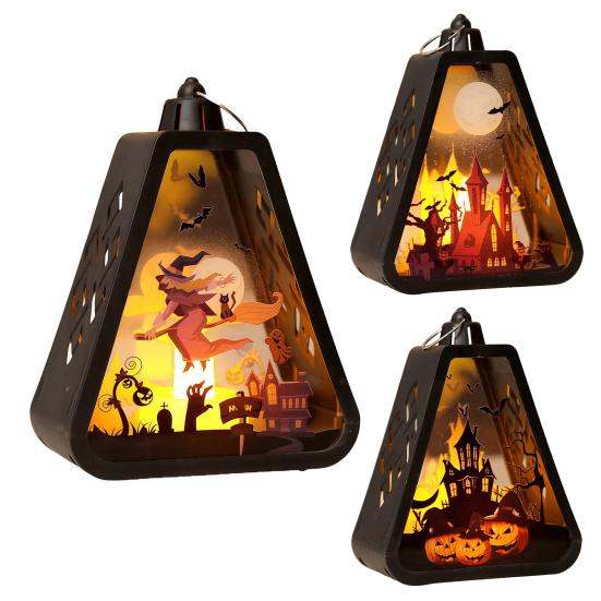 Halloween Håndholdt LED-lanterne Bærbar Nattlampe med Gresskar Slott Heks Mønster Batteridrevet Halloween-lampe for Innendørs Utendørs Festdekor