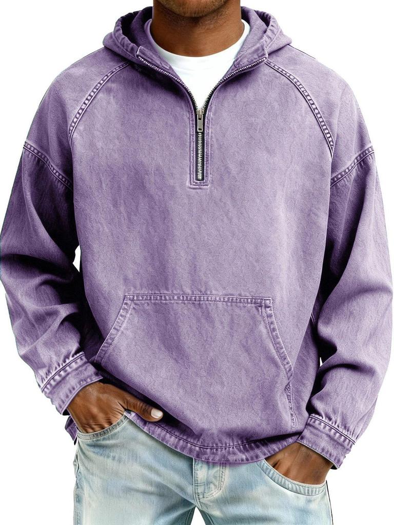 Men's Washed Old Solid Color Loose Half-Zip Hoodie with Hood - Autumn/Winter 2025 Collection