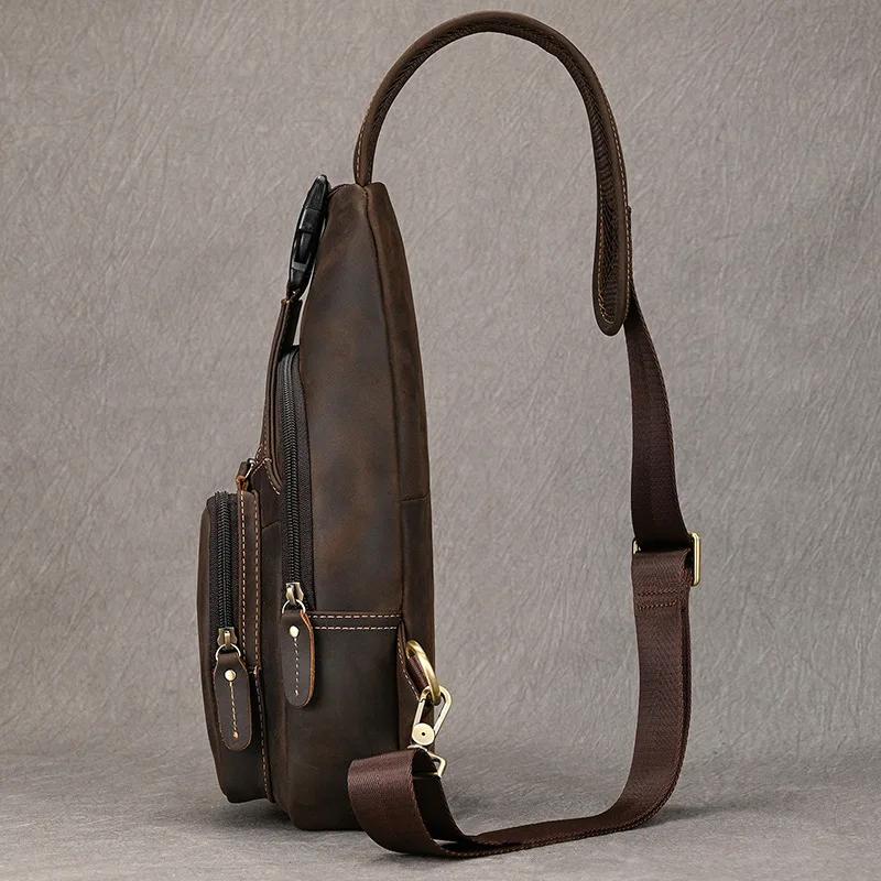 Neue Mode Herren Brusttasche Einzelne Schulter Rucksack Tasche Crossbody Brusttasche Vintage Stil Männliche Reise Taschen Echtes Leder Heiß