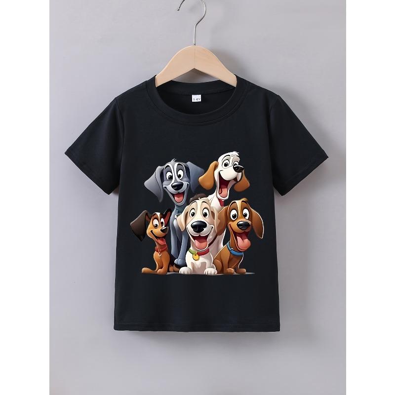 European sizes Boys' Summer Short Sleeve "Cute and Playful Dogs" Print T-Shirt, Perfect for Outdoor Activities, Casual Wear