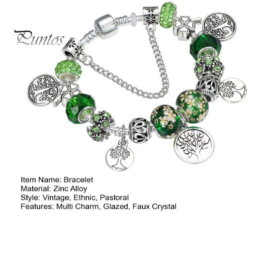 Glücksarmband, glasierter Lebensbaum, grüner Kunstkristall, Vintage, DIY, mehrere Charms, ethnischer Stil, pastoraler Armreif für Shopping, Arbeit, Party, Dating