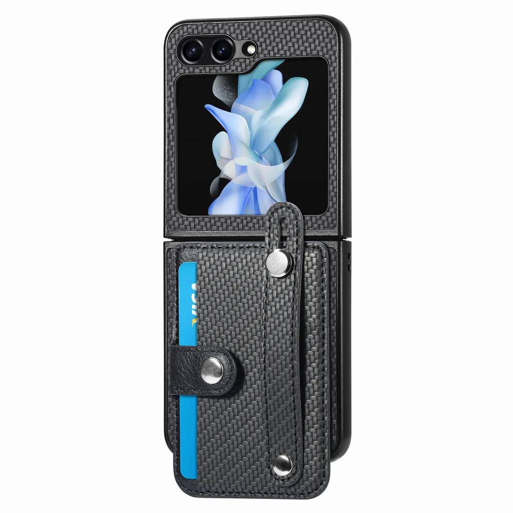 Wallet Case With Card Holder & Wrist Strap for Samsung Galaxy Z Flip 6 5 4 3 2 Flip6 Flip5 Flip4 Flip3 Flip2 5G PU Leather Cover