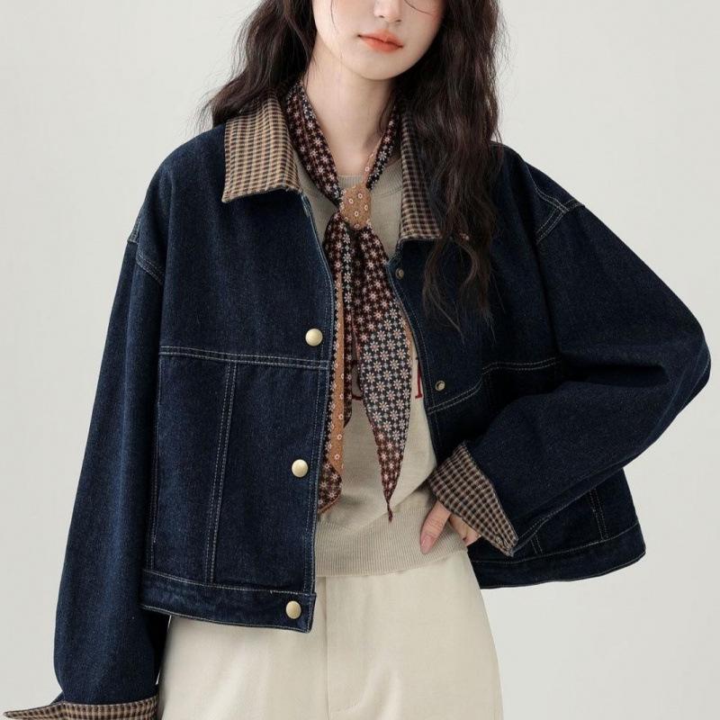 2025 A/W Hong Kong Style Plaid Patchwork Lapel Denim Short Jacket for Women - Trendy Petite Top