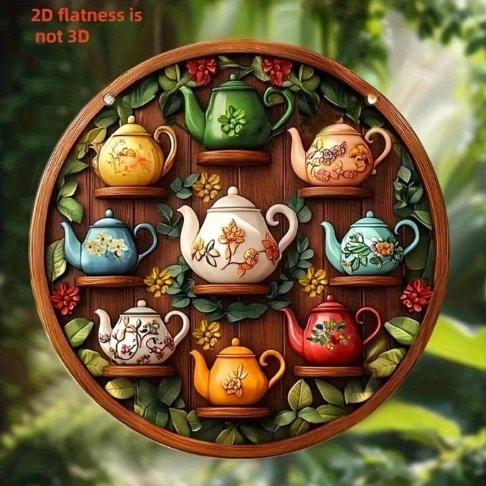 Bohemian Teapot Floral Wreath Round Metal Art 2D Flat Wood Sign Home Gift