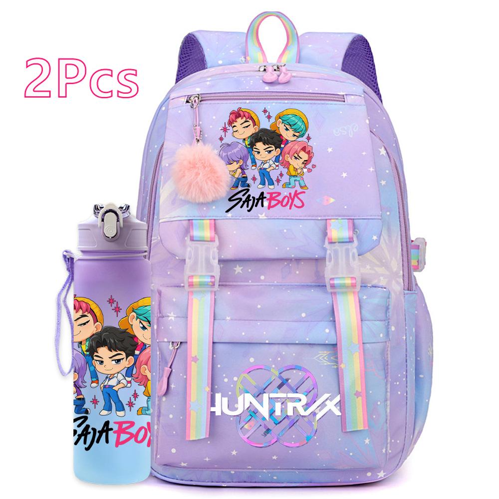 2 st/set Söt Anime Kpop Tryckt Ryggsäck 750 ml Vattenflaska Stor Kapacitet Resväska för Tonårsflicka Pojke Bokväska Barnpresent Rucksak