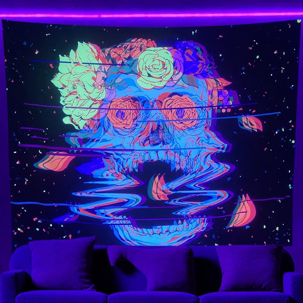 Psychedelic Black Light Skull Head Flourescent Tapestry UV Reactive Tapestries Wall Hanging Hippie Trippy  Home Decor