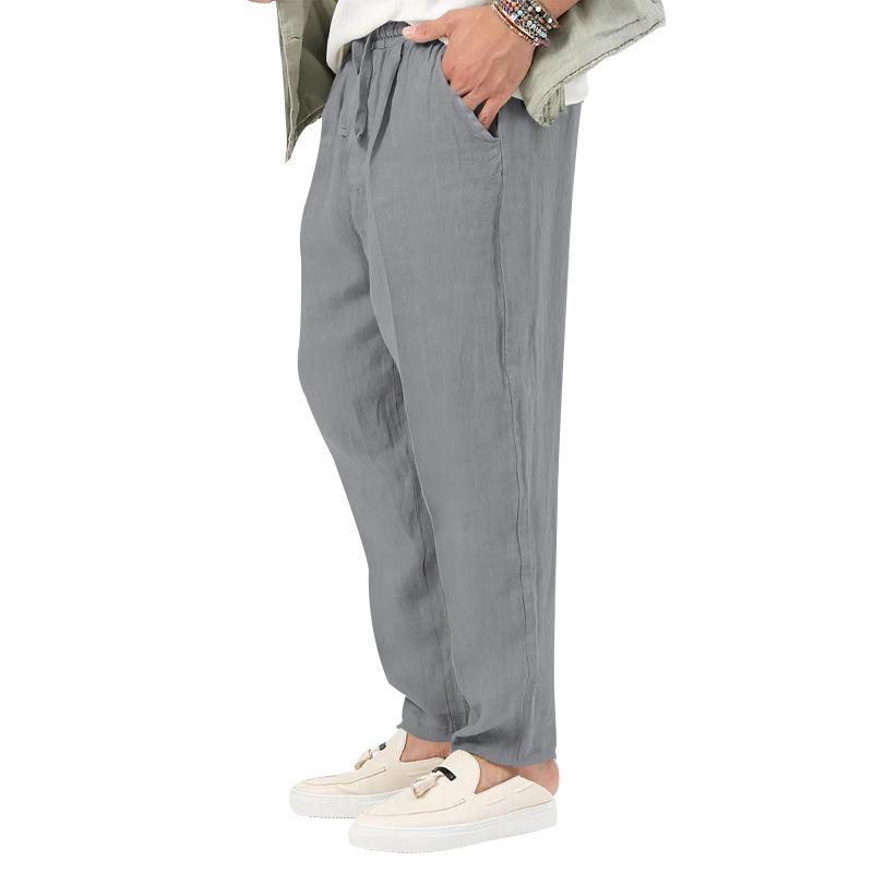 New Thin Section of Men's Fashion Large Size Solid Colour Leisure Drawstring Cotton Linen Trousers Breathable Trousers