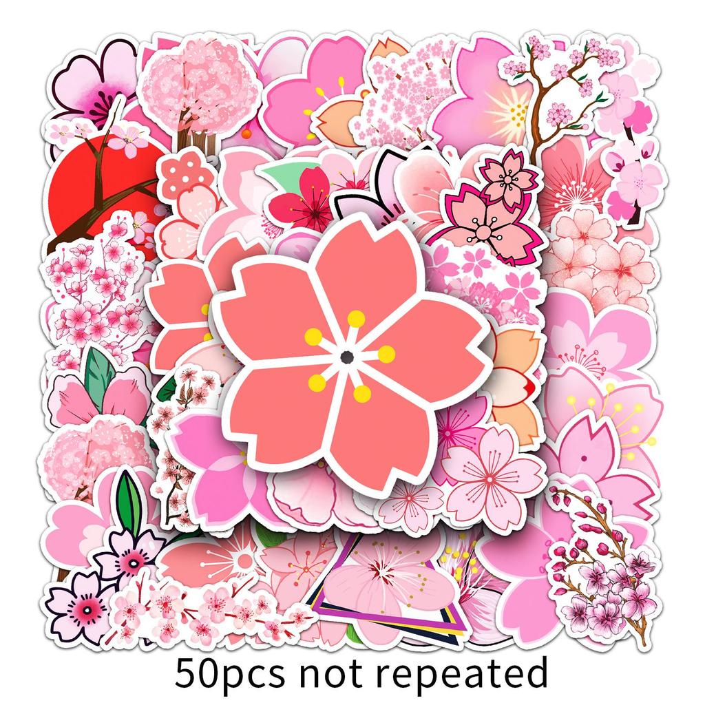 50 Sakura Graffiti Flower Stickers for DIY Decoration - Cartoon Style for Skateboards, Phones, Suitcases
