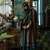 Vintage Patchwork Coffee Green Cotton Linen Skirt with Raw Edge and Large Hem