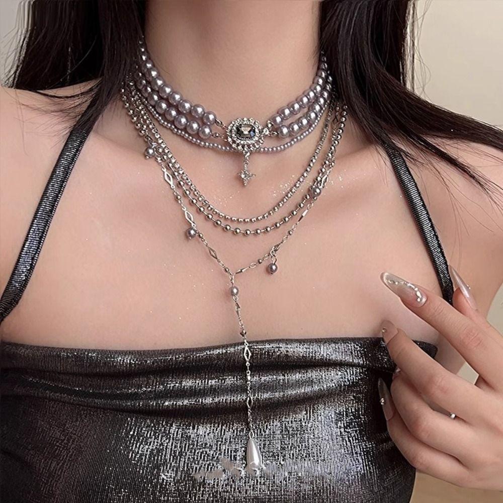 Stars Pendant Multi-Layer Pearls Necklace Multilayer Stacked Cross Sweater Chain  Daily Wear