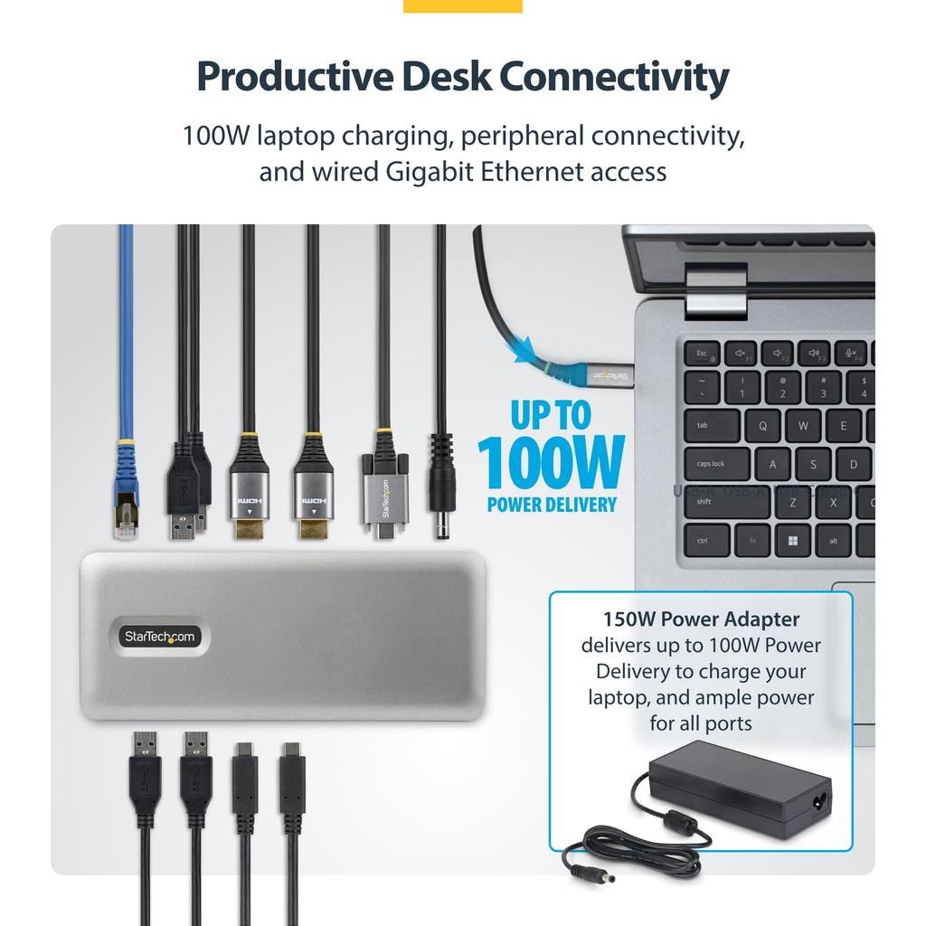 Stație de andocare StarTech cu porturi USB și LAN Dual 4K 60Hz 100W pentru Windows USB-C HDMI, Hub, LAN, (196N-USBC-DOCK)