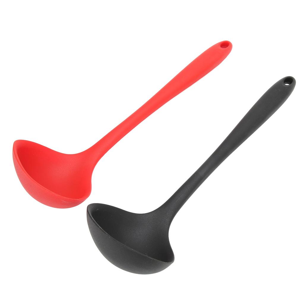 2pcs Silicone Soup Spoon Multifunctional Black Red Silicone Ladle Kitchen Cooking Spoon Tool With Round Hanging Hole