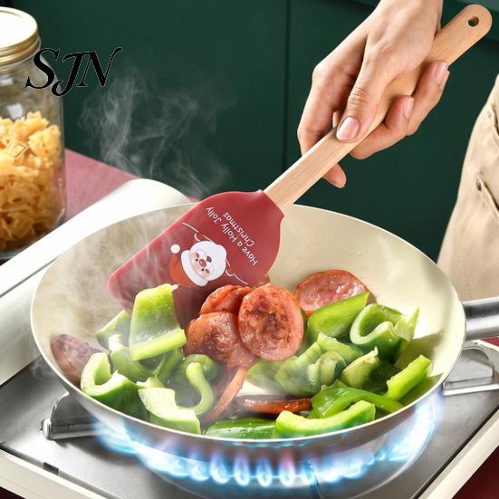 Practical Christmas Gifts for Bakers Silicone Spatula with Wooden Handle, Tree/Snowman/Santa Claus/Elk Pattern Hanging Hole Decor, Heat Resistant