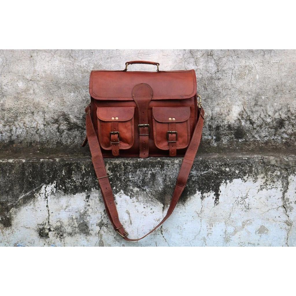 Genuine Brown Leather Bag Men's Messenger Shoulder Laptop Bag Briefcase