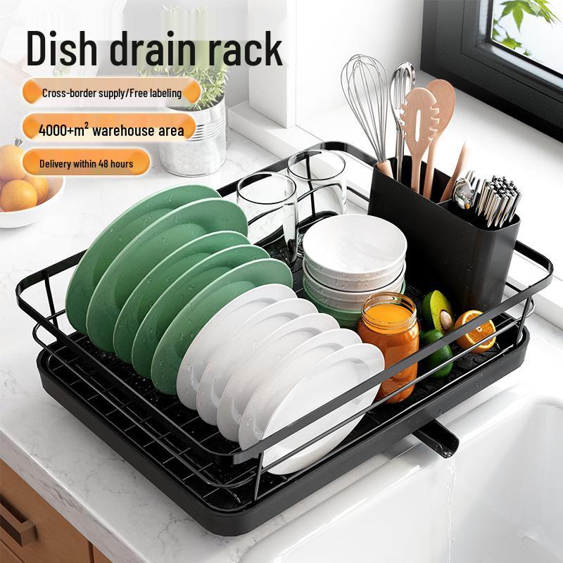 Cross-border Kitchen Countertop Dish Drying Rack with Partitioned Storage