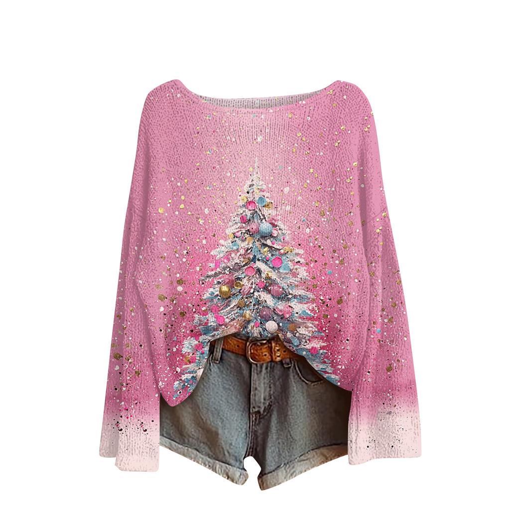 Ladies' Fashionable Casual Long Sleeved Christmas Printed Round Neck Knitted Yarn
