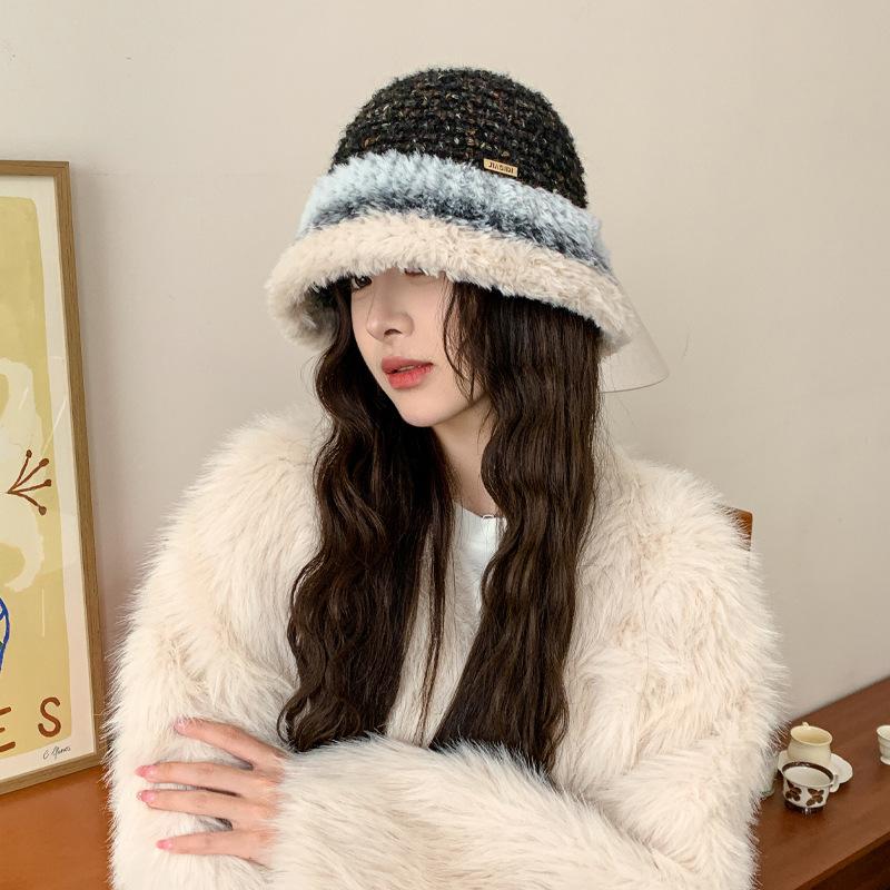 Autumn and winter knitted color matching basin hat, femininity, simple and elegant, high-end bucket hat, warm and cold-proof, small wool hat