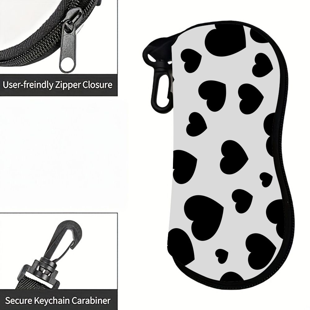 Black and White Heart Print Soft Fabric Sunglasses Case,Portable Eyeglasses Pouch Protector,Lightweight Eyewear Bag for Travel Daily Use