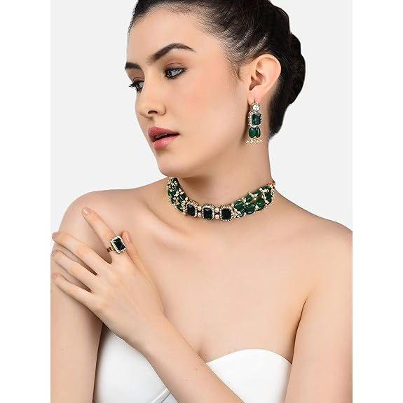 Green Beads Ethnic Choker Necklace Earring & Ring Set For Women