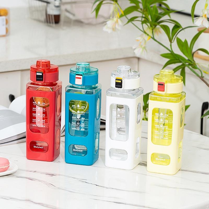Square Plastic Water Bottle With Handle, Modern Simple Style, Portable Sports Bottle With Straw, 700ml
