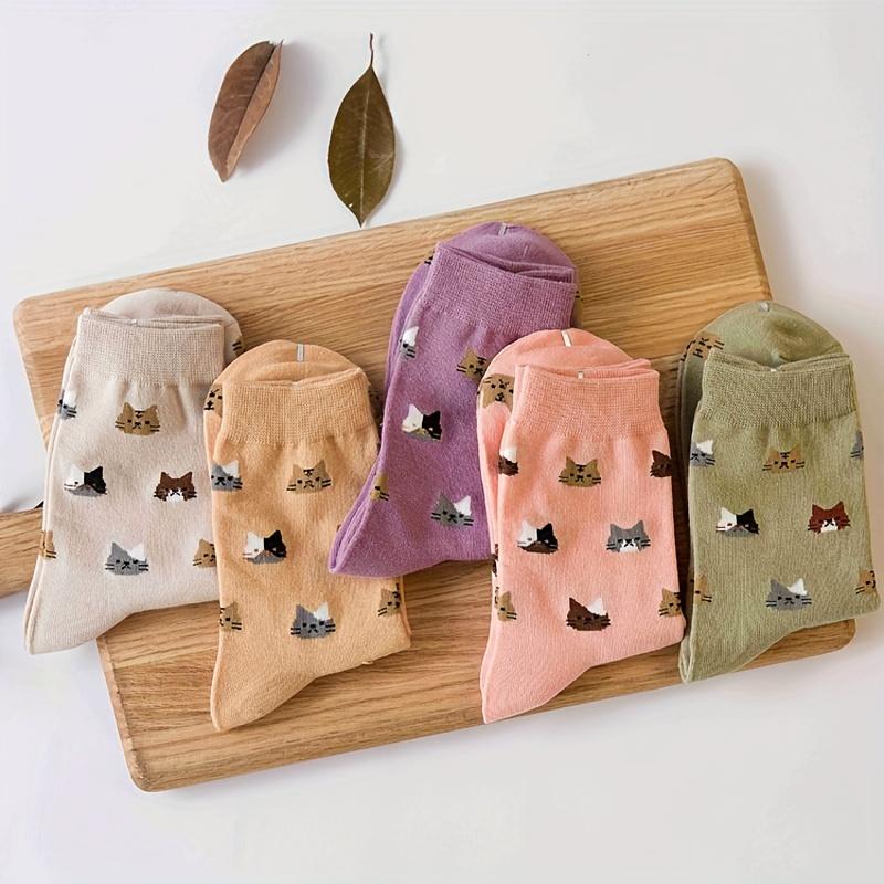 5 Pairs Women's Socks - Cute Cat Face Design, Autumn/Winter, Animal Pattern, Cute Socks, Cozy Home Wear, Winter Warm Socks,Comfortable Sock Material