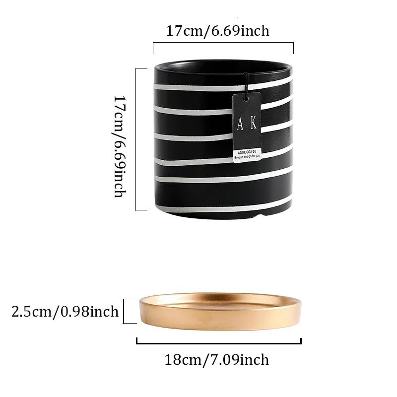 Nordic Black And White Striped Ceramic Flower Pot With Tray Round Potted Desktop Flower Arrangement Container Home Decorations