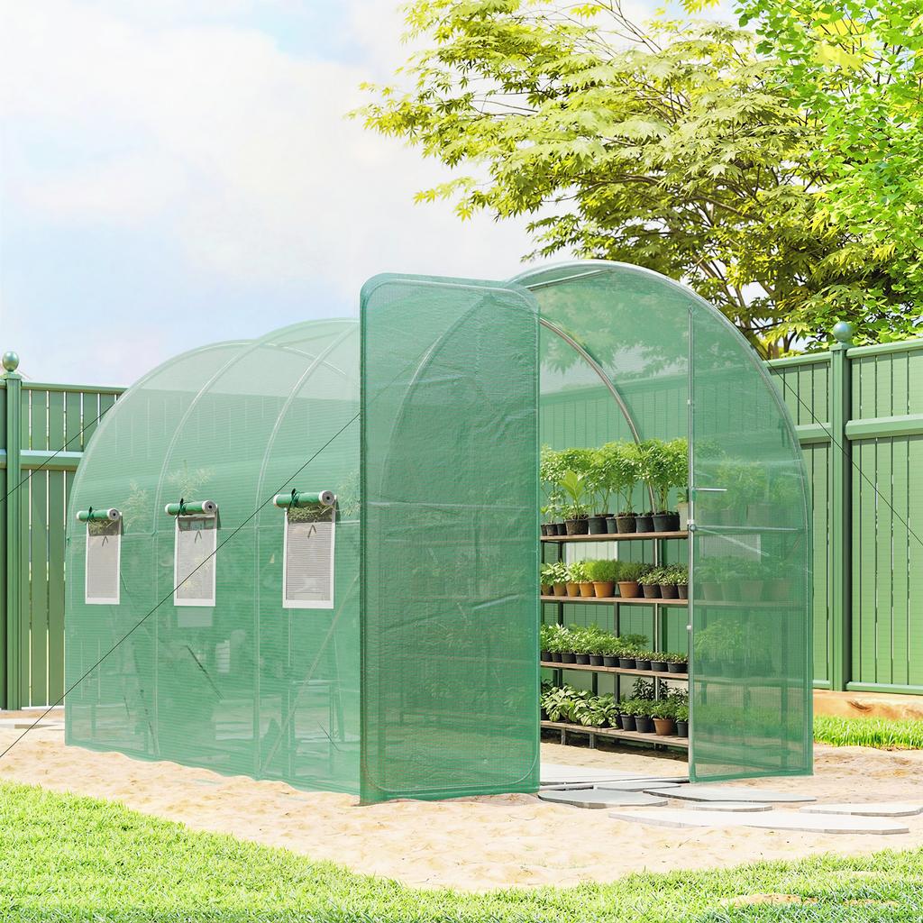2 x 3 m Walk-in Polytunnel Greenhouse with Hinged Door and 6 Roll Up Mesh Windows, Garden Tunnel Warm House Tent, Green