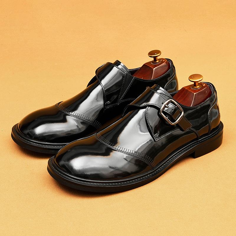

Men s Shiny Leather Mk Strap Shoes | Business Casual Round Toe Loafers | Slip-On Dress Shoes with Chunky Sole Design 37 чёрный