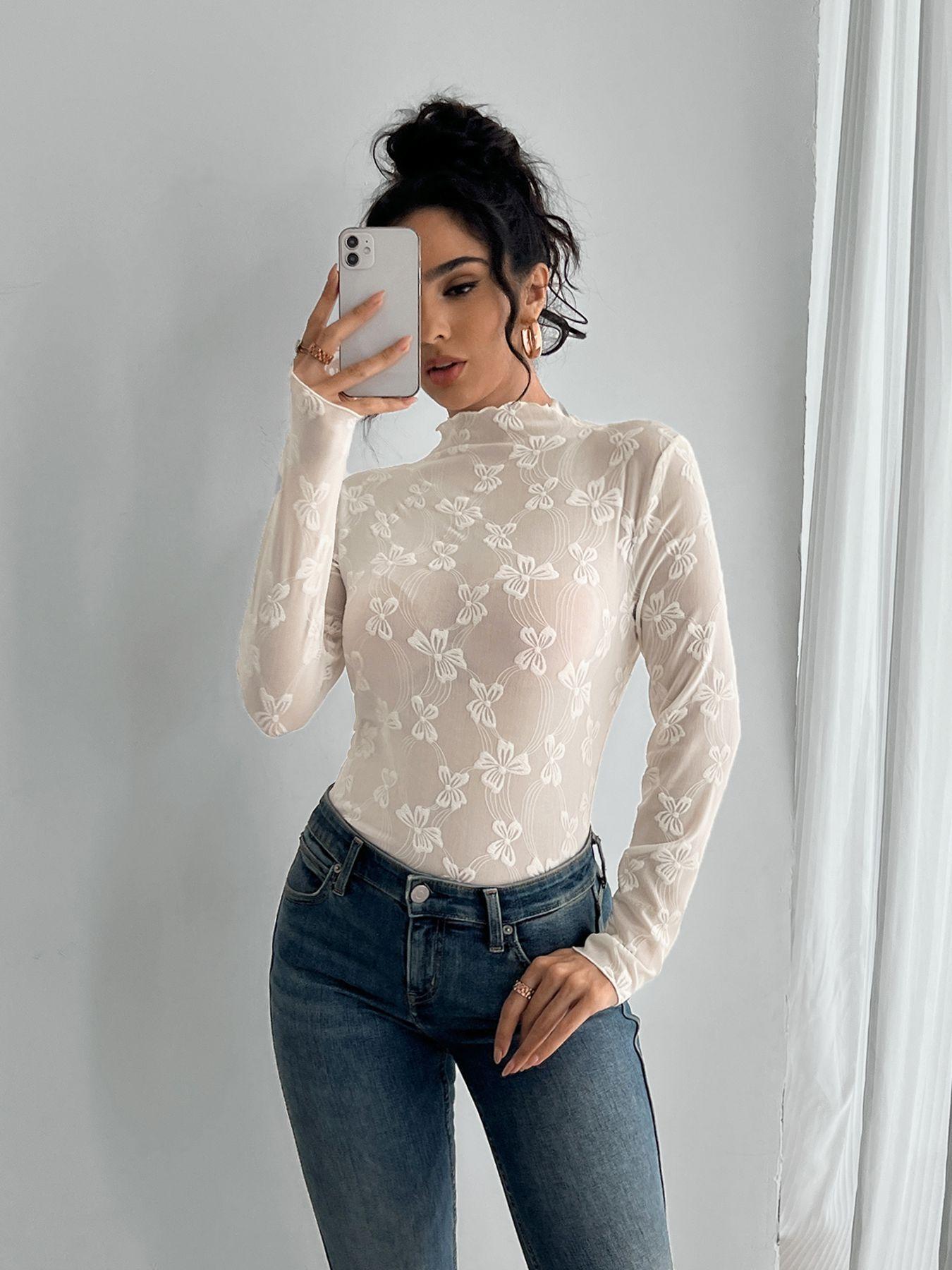 

Autumn Winter Butterfly Flocked Mesh Fabric Slim Stand Collar Long Sleeve T Shirt Top Women Fashion Daily Basic Casual Slim Fit Ladies Elegant Top S