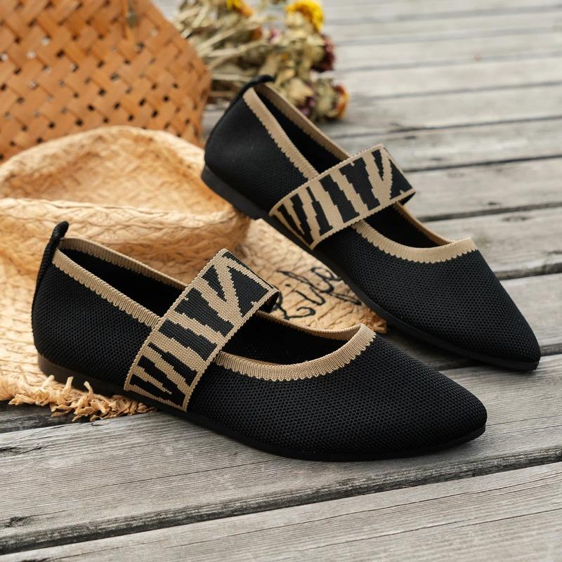 Strikkede fargeblokker Flate sko for kvinner Dressy Ballett Flats Uformelle stripete stropper Spissede tå Loafers Dame
