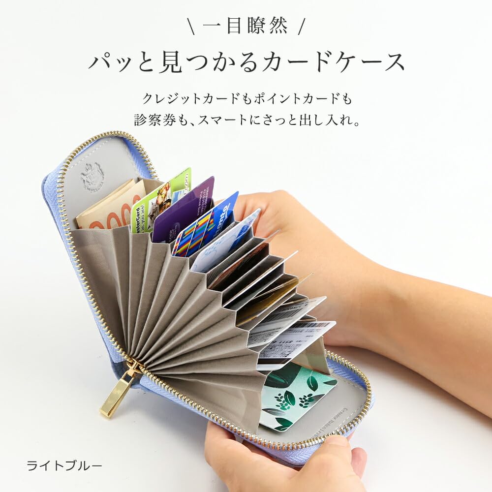 Pragma Women's Bellows Card Case, Vertical, Genuine Leather, Holds Many Cards, Italian Leather Wallet with Round Zipper (Ivory)