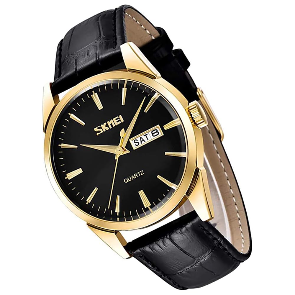 Men s Classic Analog Quartz Watch Black Waterproof Leather Strap Lightweight Casual Date Day Display