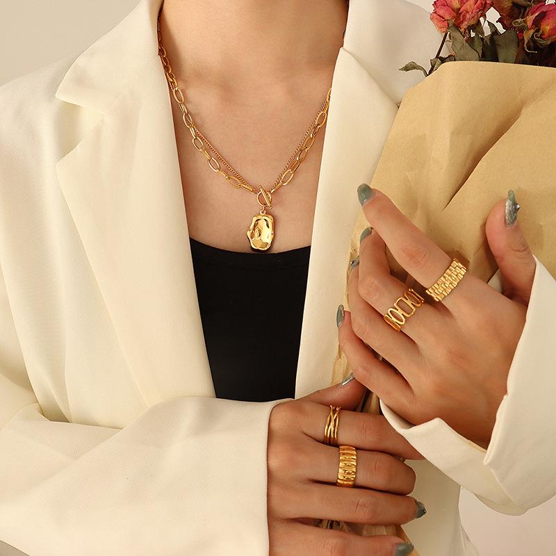 Gold Plated Titanium Steel Double Layer Irregular Pendant Necklace - European & American Hip Hop Style Clavicle Chain