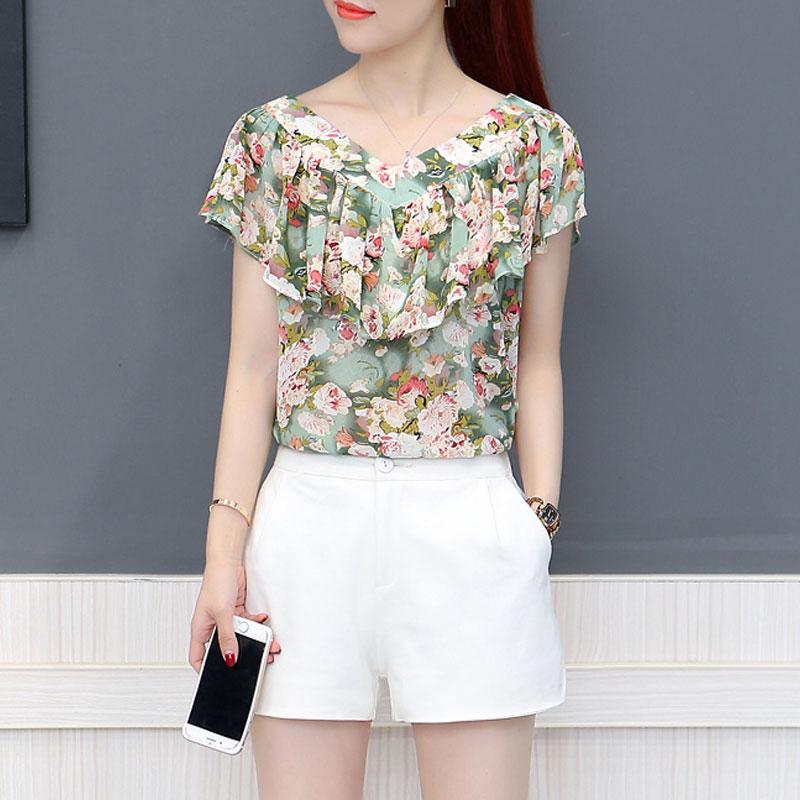 Office Lady Floral Printed Blouse Summer Straight Elegant V-Neck Women's Fashion Ruffles Spliced Short Sleeve Chiffon Shirt