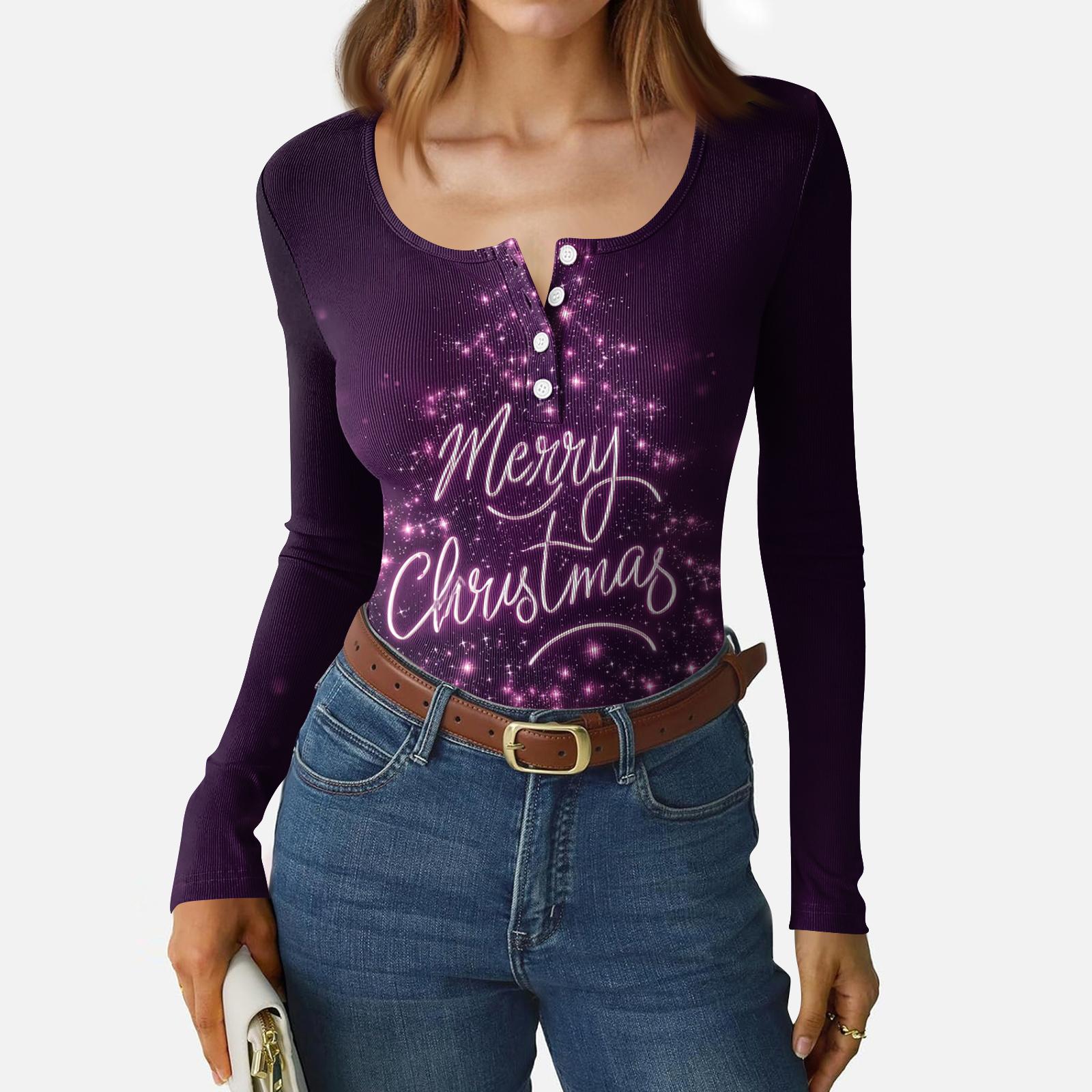 

Women s Casual Fashion Christmas Print Button Long Sleeve Top M