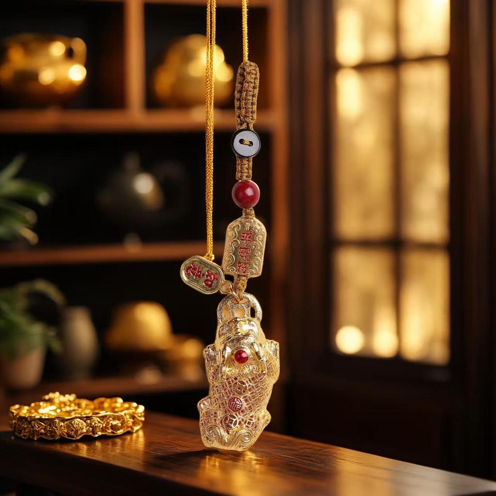 Men's Pixiu Gold Keychain with Cinnabar: Safe Journey Pendant & Car Ornament