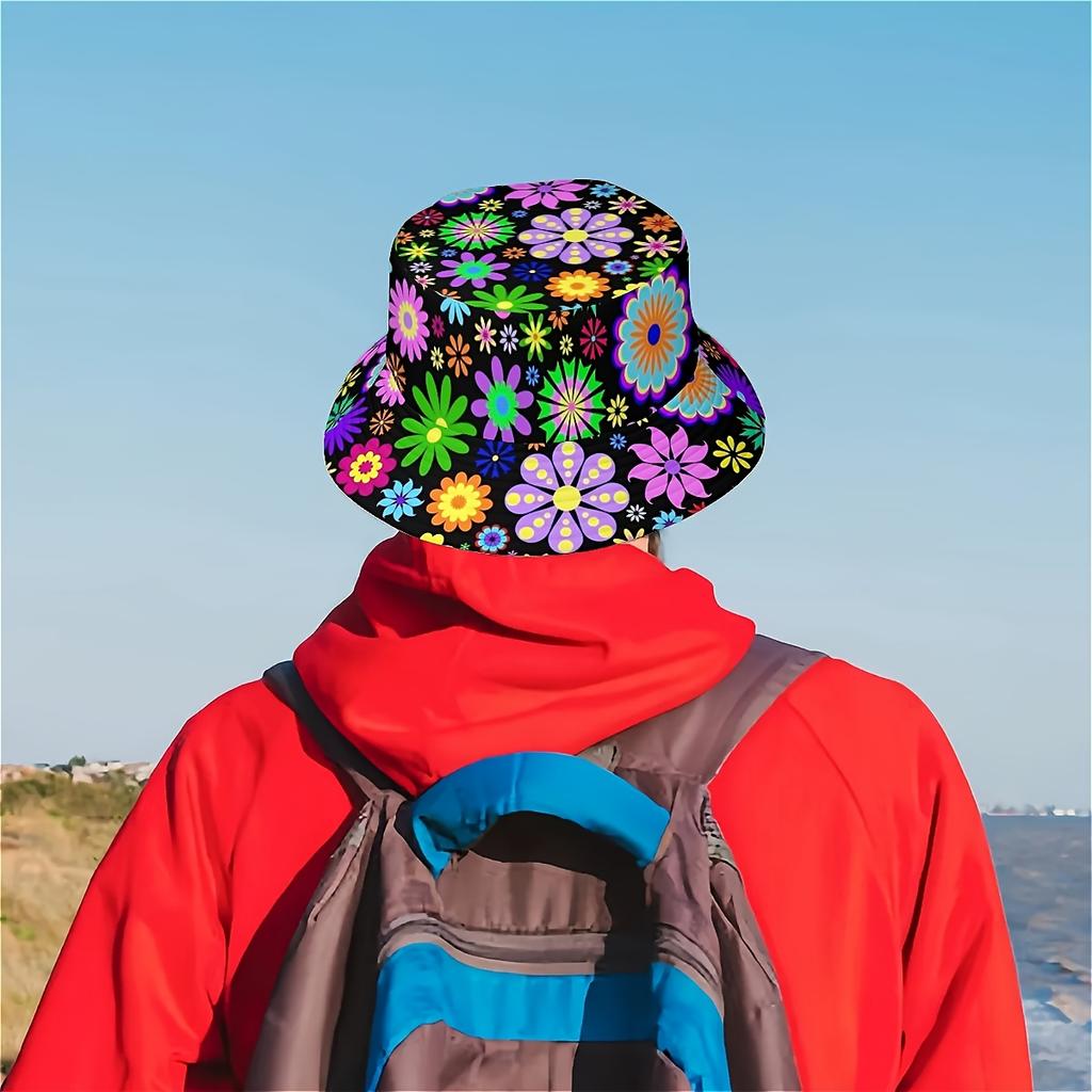 Bucket Hat Multicolor Floral Print on Black Lightweight Outdoor Fishing Beach Hiking with Large Brim for Casual Summer Hat