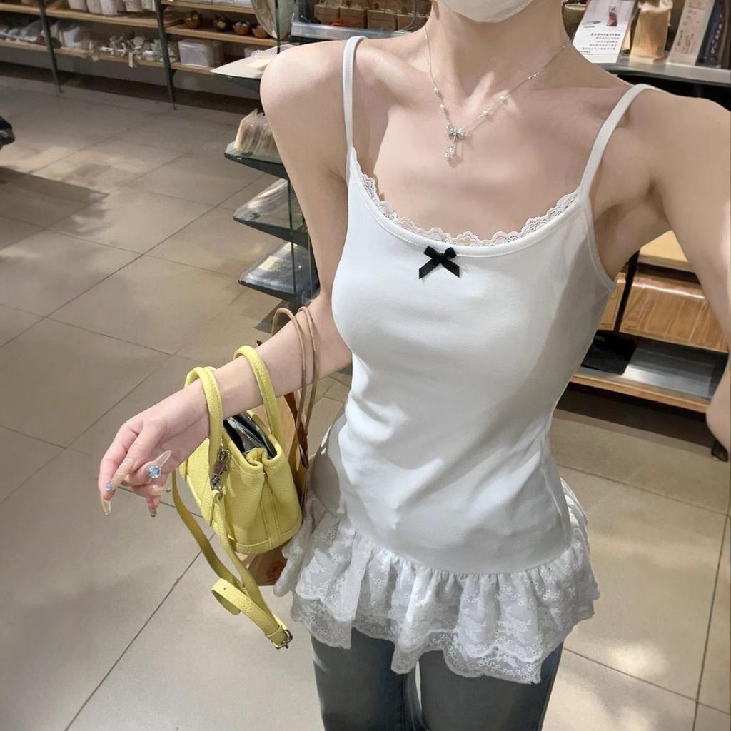 Pure desire bow white lace hem splicing sling vest femininity slim fit inner top summer