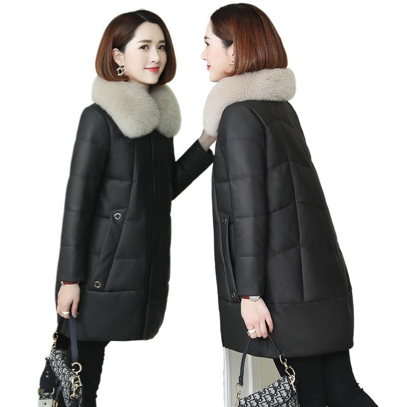 Cotton Jacket Women's Loose Autumn and Winter New Large Fur Collar Leather Jacket Large Size Thickened Cotton Jacket Medium and Long