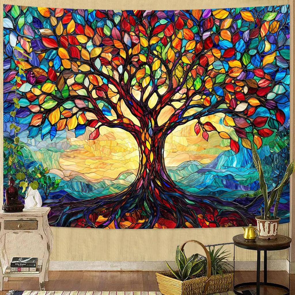 VIKAMA Bemaltes Glas Lebensbaum Wandteppich Vintage Bunte Blätter Böhmischer Kunststil Wohnzimmer Raum Heimdekoration