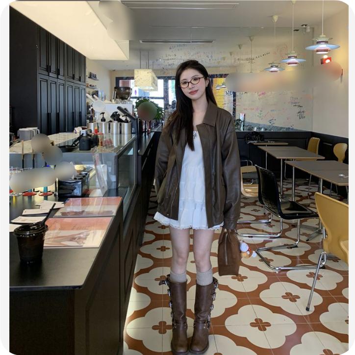 Mittellange Jacke Oberteil Retro Braun Revers PU Lederjacke Damen Herbst und Winter High-End Locker