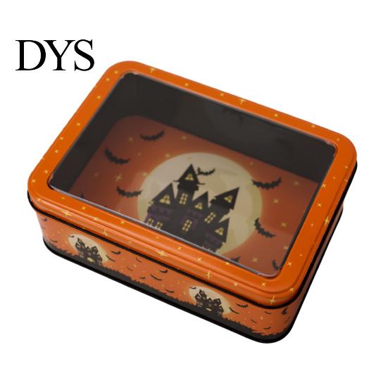 Seasonal Kitchen Storage Halloween Tin Box with Clear Lid, Witch Pumpkin Ghost Candy Window Metal Cases Container for Cookies Snacks, Festive
