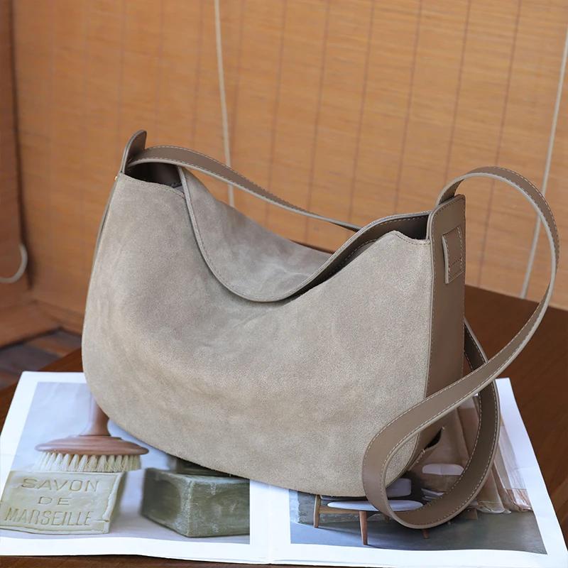 Winter Women's Natural Suede Leather Classic Underarm Bag Female Soft Cowhide Durable Handbags Ladies Luxury Designer Bags