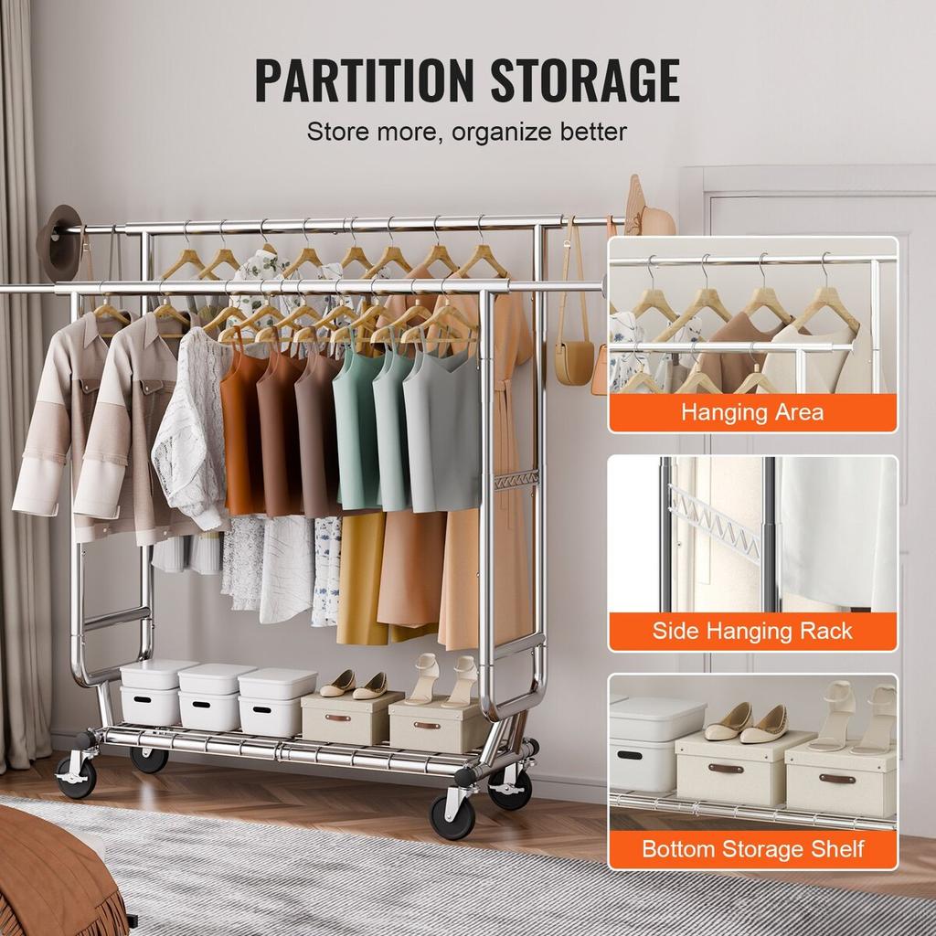 Heavy Duty Clothes Rack, Double Hanging Rod Clothing Garment Rack for Hanging Clothes, Adjustable Height and Extendable Length Clothing Rack with